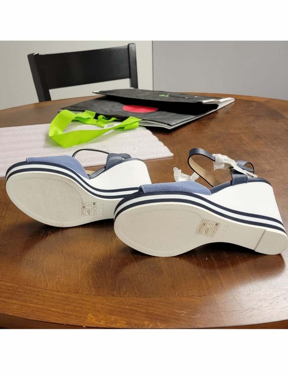 Aldo Broa Navy Blue Denim And White Stripe Platform Wedge Sandal - Picture 12 of 16